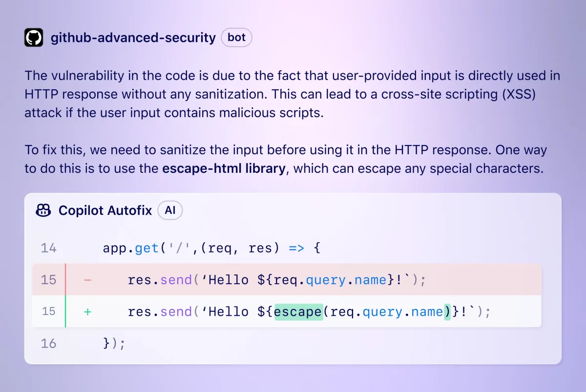 Copilot Autofix выявляет уязвимый код и предлагает безопасное исправление