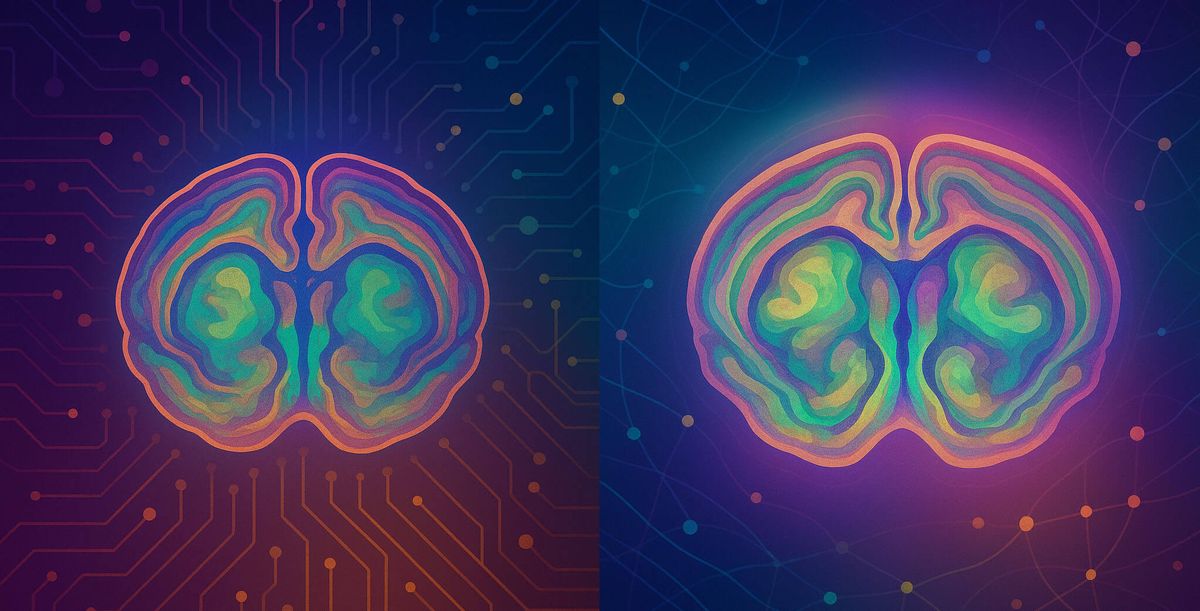 Два представления мозга мыши: исходные данные и с границами регионов от ИИ Два представления мозга мыши: исходные данные и с границами регионов от ИИ