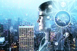 Abstract side portrait of a man with polygonal AI brain on night city background